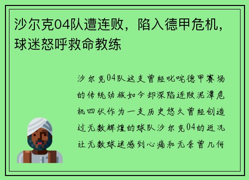 沙尔克04队遭连败，陷入德甲危机，球迷怒呼救命教练